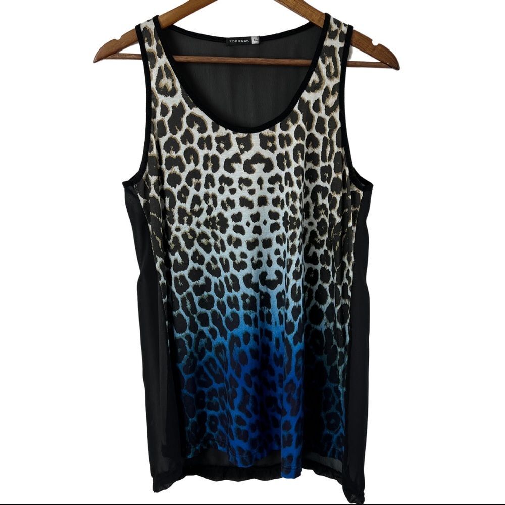 Top Rock Leopard Print Tank Top Womens Large Blue Ombre Sheer Back Brazil Y2K